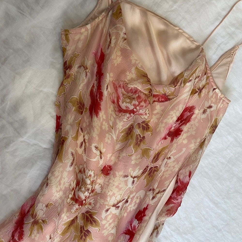 Vintage Kit Cornell pink bias slip with sheer floral overlay
